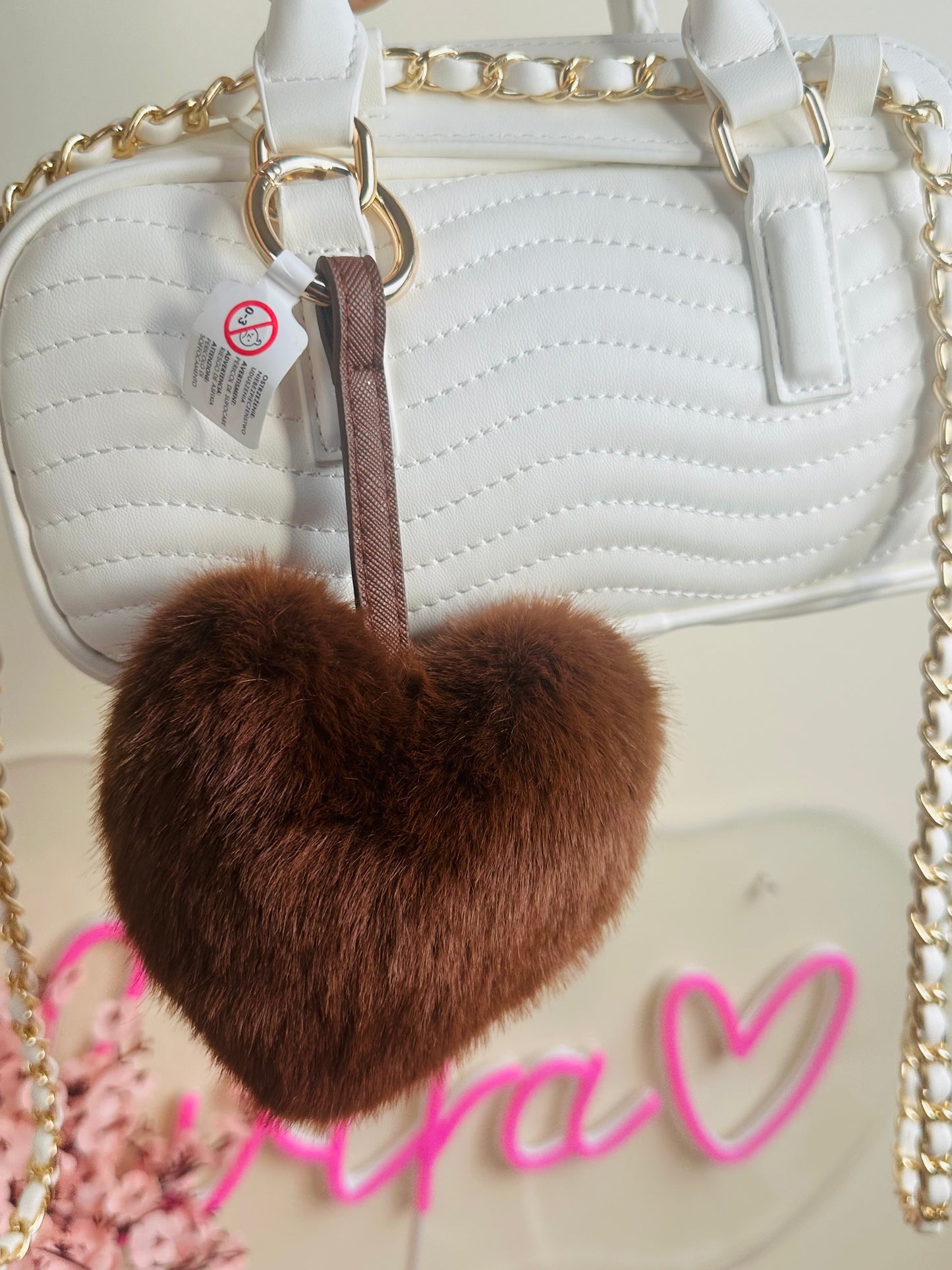 Brown Fluffy Heart Keychain | Soft Bag Charm Accessory