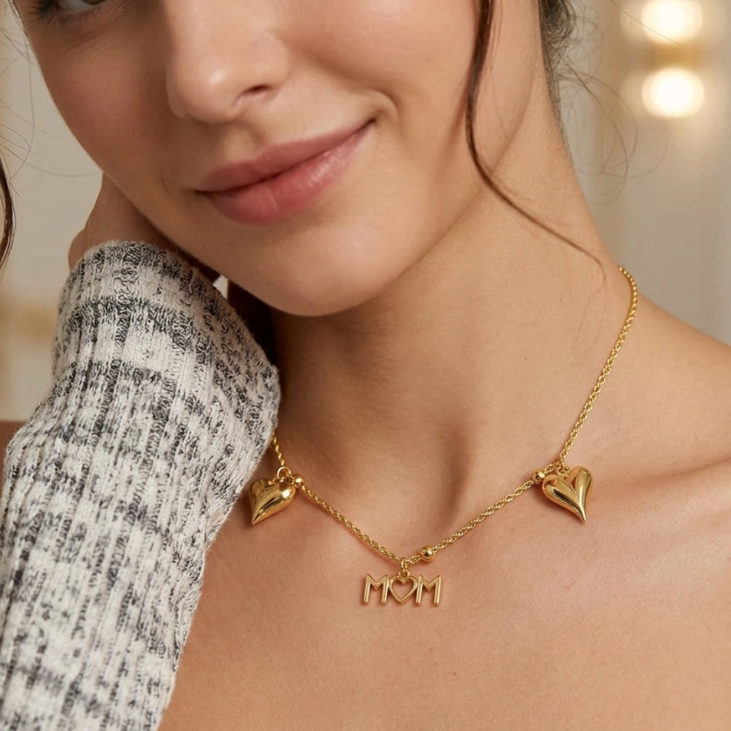 Woman wearing a gold necklace with 'MOM' pendant, blurred background