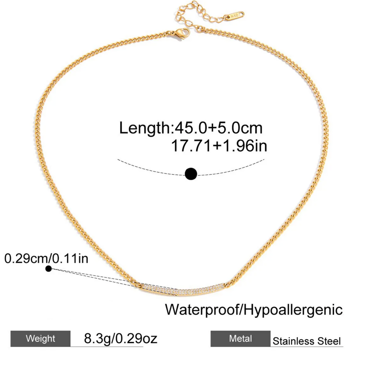 Gold stainless steel chain necklace with measurement annotations, weight 8.3g, and specifications on a white background.