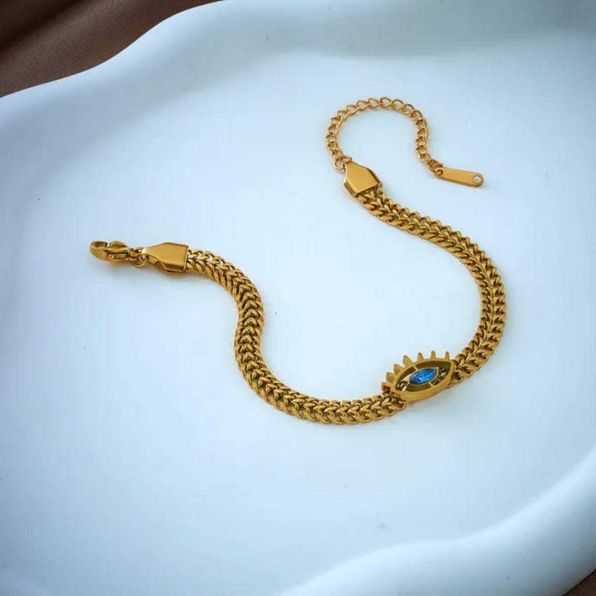 Gold Evil Eye Wheat Chain Bracelet