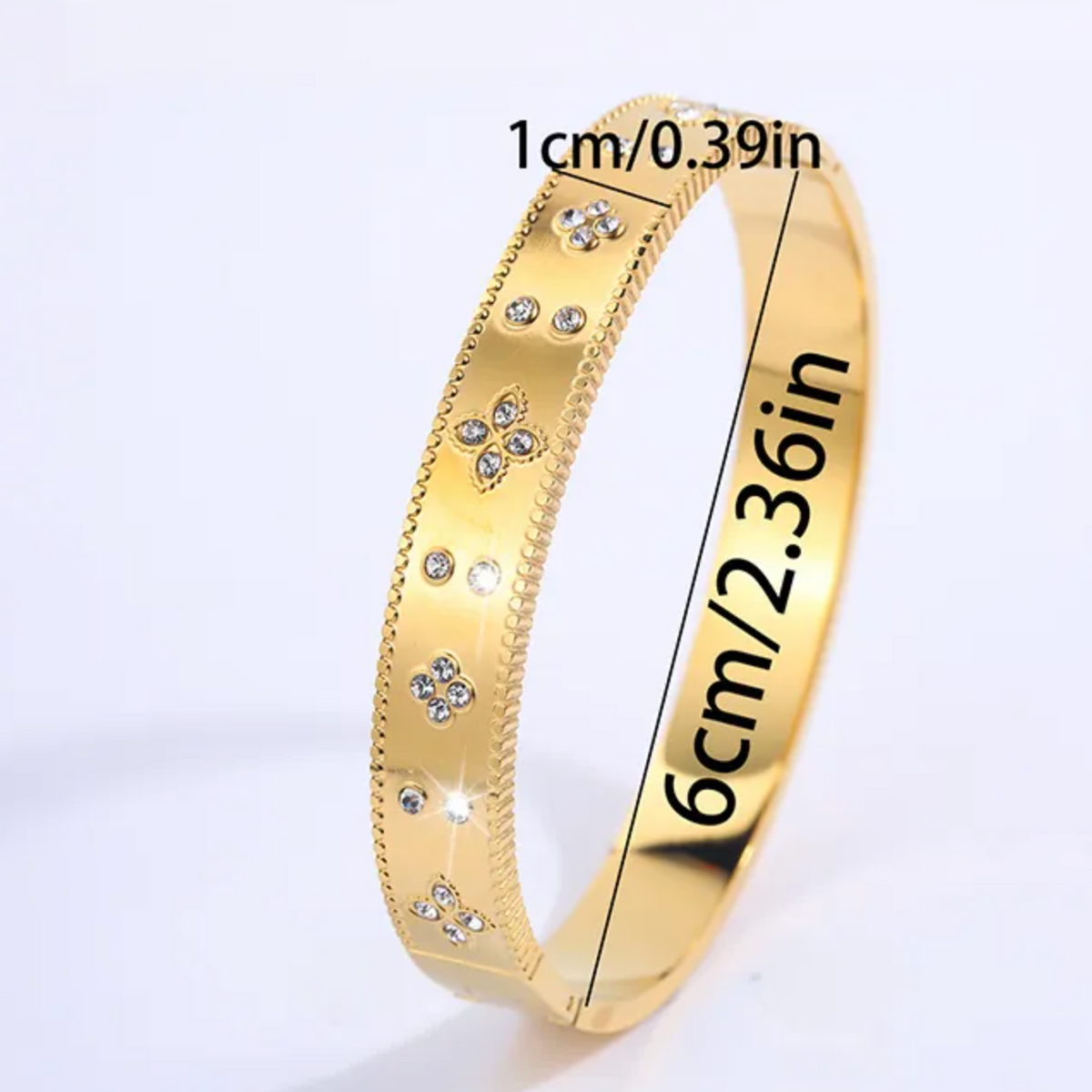 Women’s Four Leaf Clover Bangle – Gold Plated Stainless Steel Rhinestone