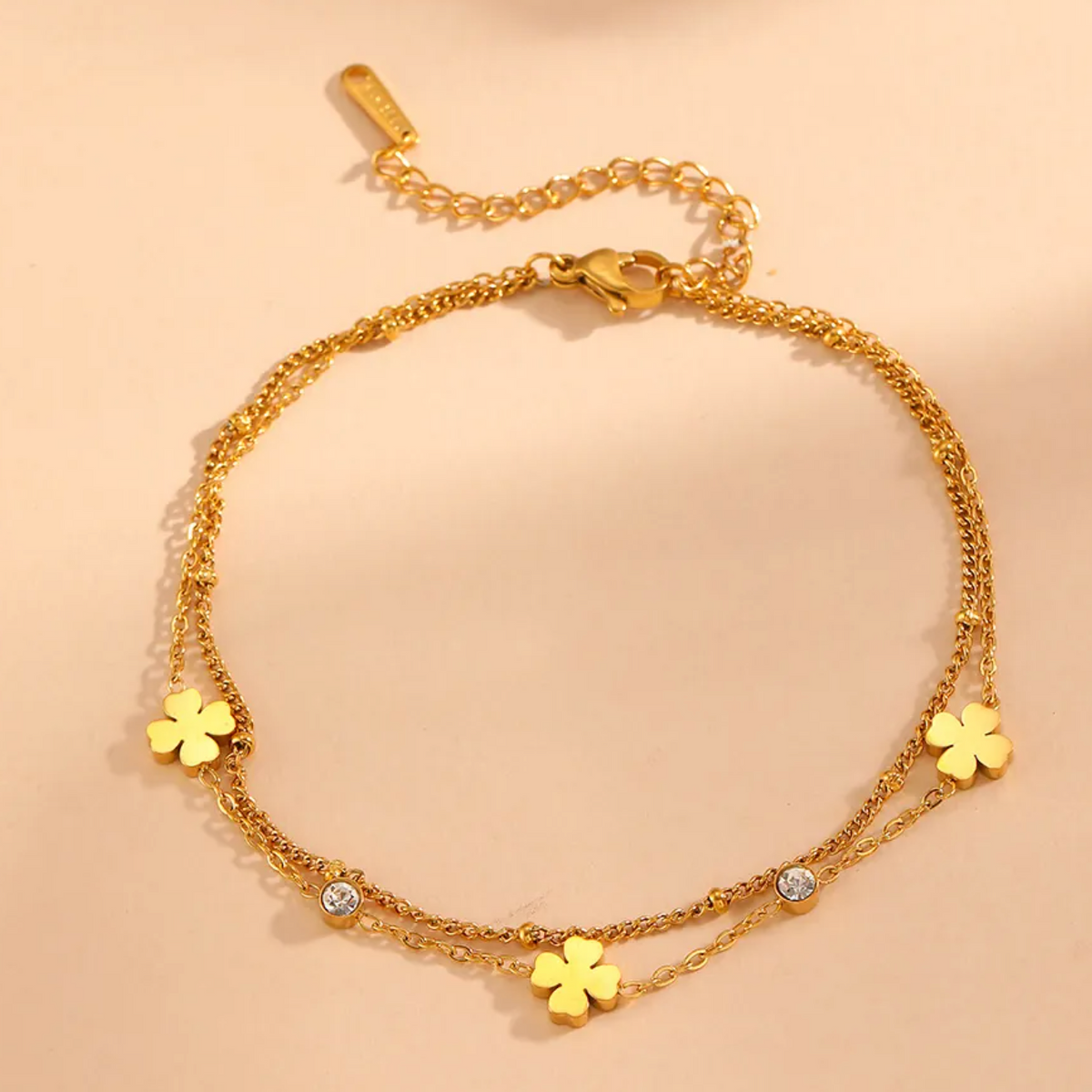 Double Layer Anklet – Four Leaf Clover Rhinestone