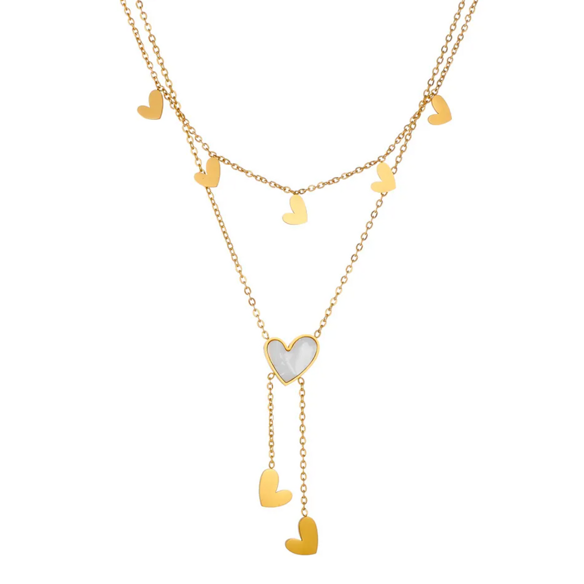 A gold-toned layered necklace with multiple dangling heart charms, including one larger heart pendant featuring a white inlay, shown on a plain white background.