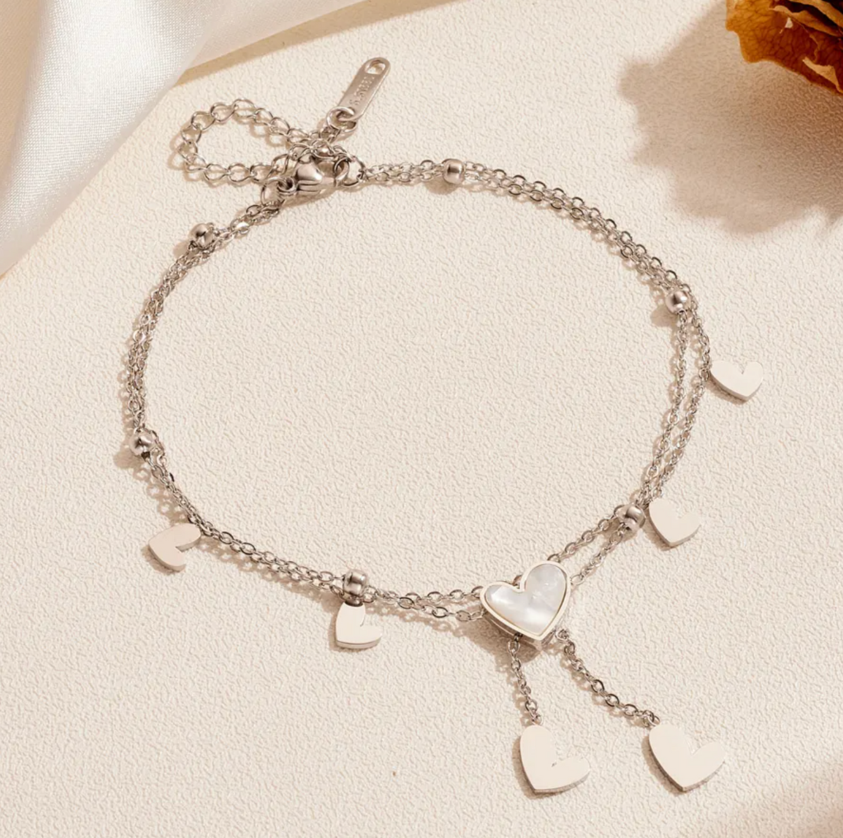 Double Layer Pearl Heart Tassel Anklet
