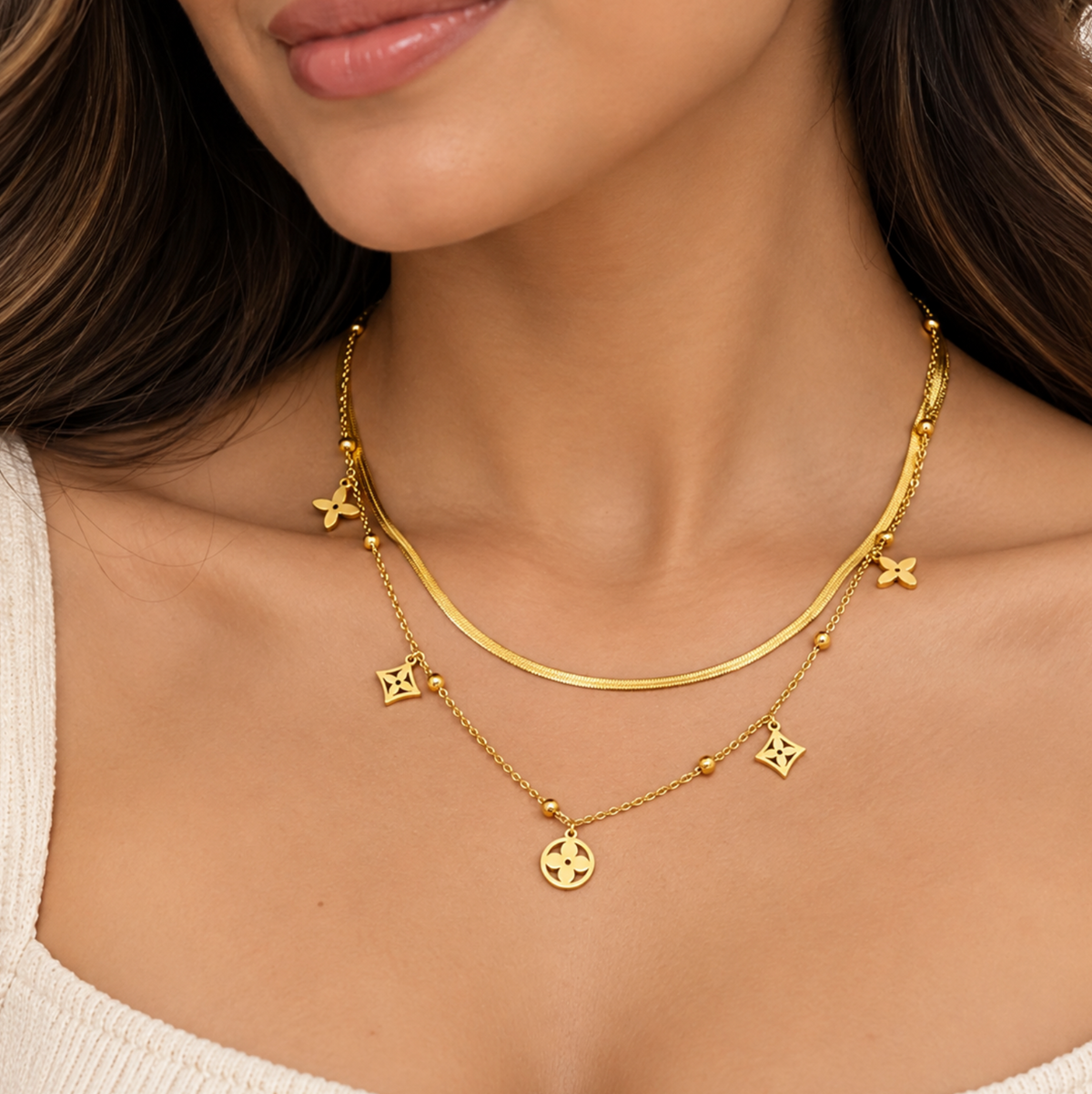 Double Layer Clover Flower Pendant Necklace
