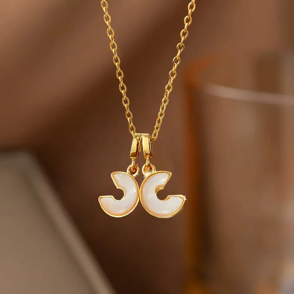 Double C Shell Rhinestone Pendant Necklace - Gold