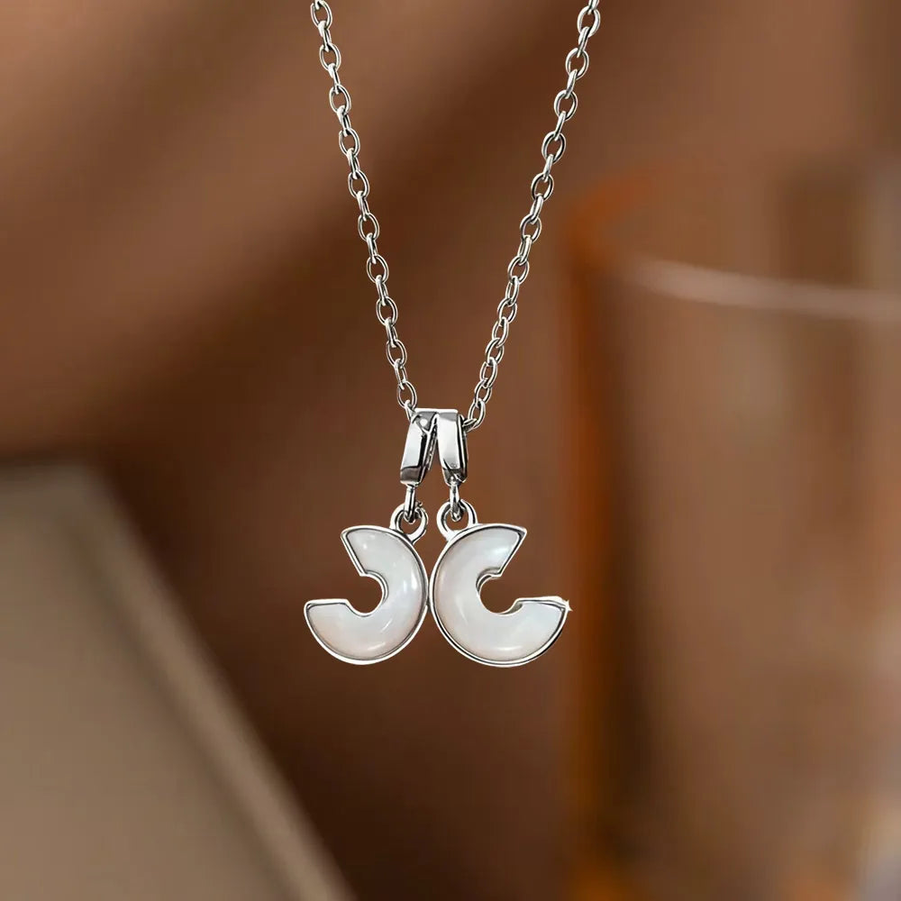 Double C Shell Rhinestone Pendant Necklace - Silver