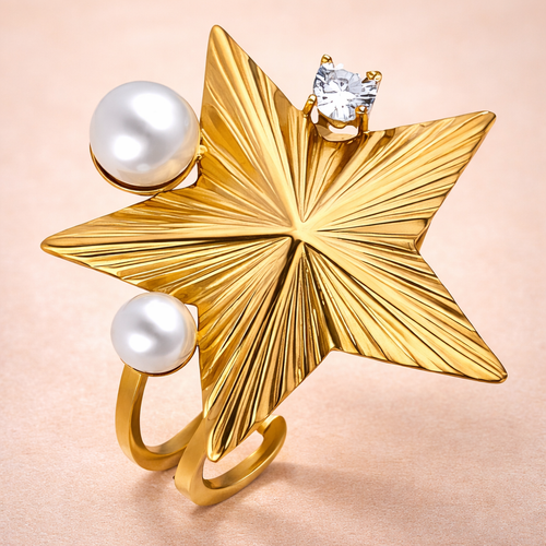Bague Céleste Étoile Perle — Bague extravagante plaquée or 18 carats avec accents de cristal