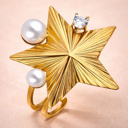 Celestial Pearl Star Ring — 18K Gold-Tone Statement Ring with Crystal Accent