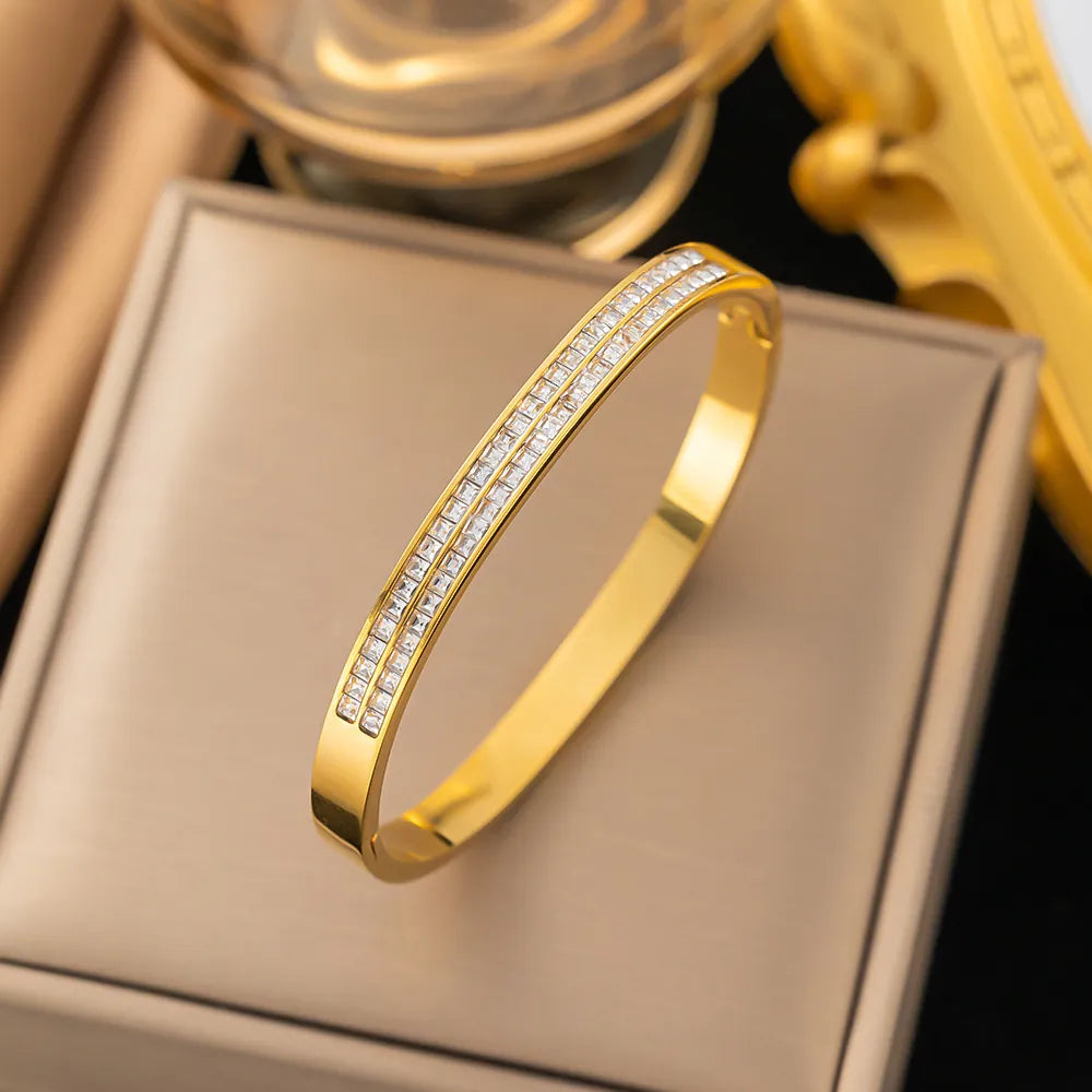 Knot Bamboo Zircon Bangle - Double Row Square Zirconia
