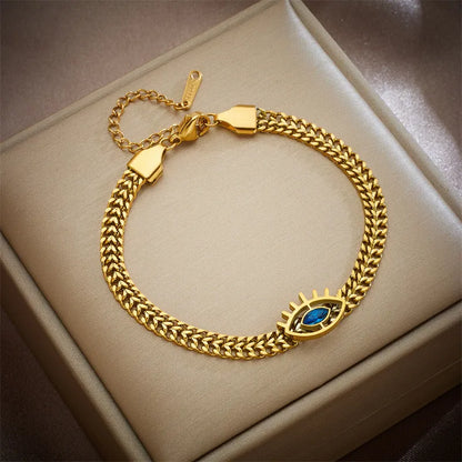 Gold Evil Eye Wheat Chain Bracelet