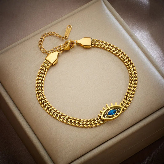 Gold Evil Eye Wheat Chain Bracelet