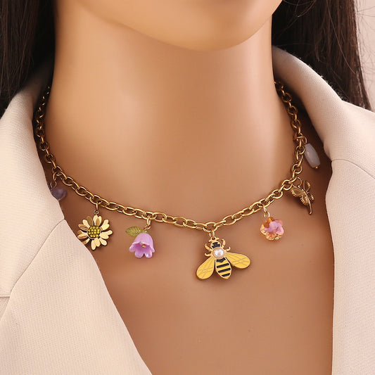 Floral Bee Charm Necklace
