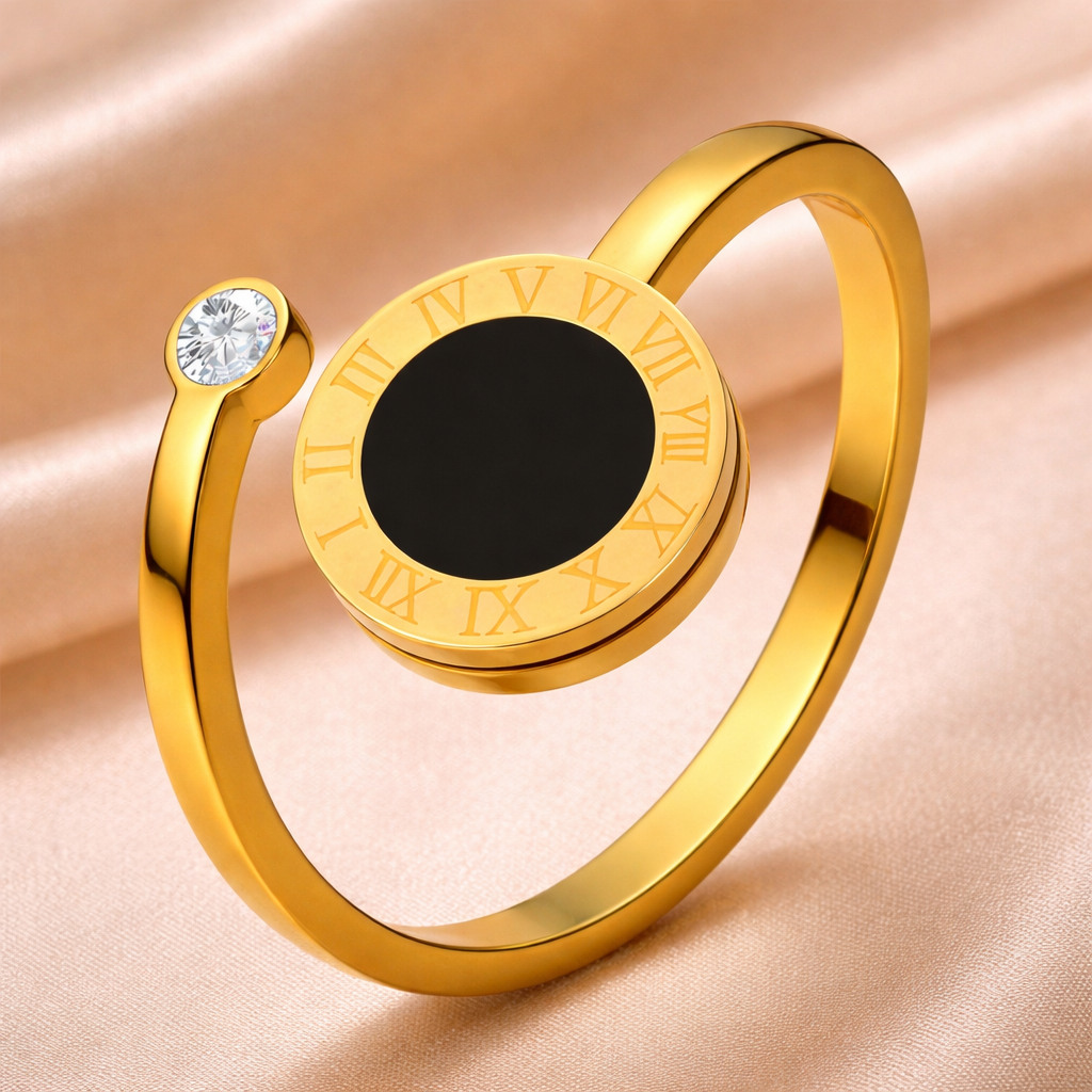 Eternal Orbit Roman Dial Ring — Black Enamel Gold Open Band