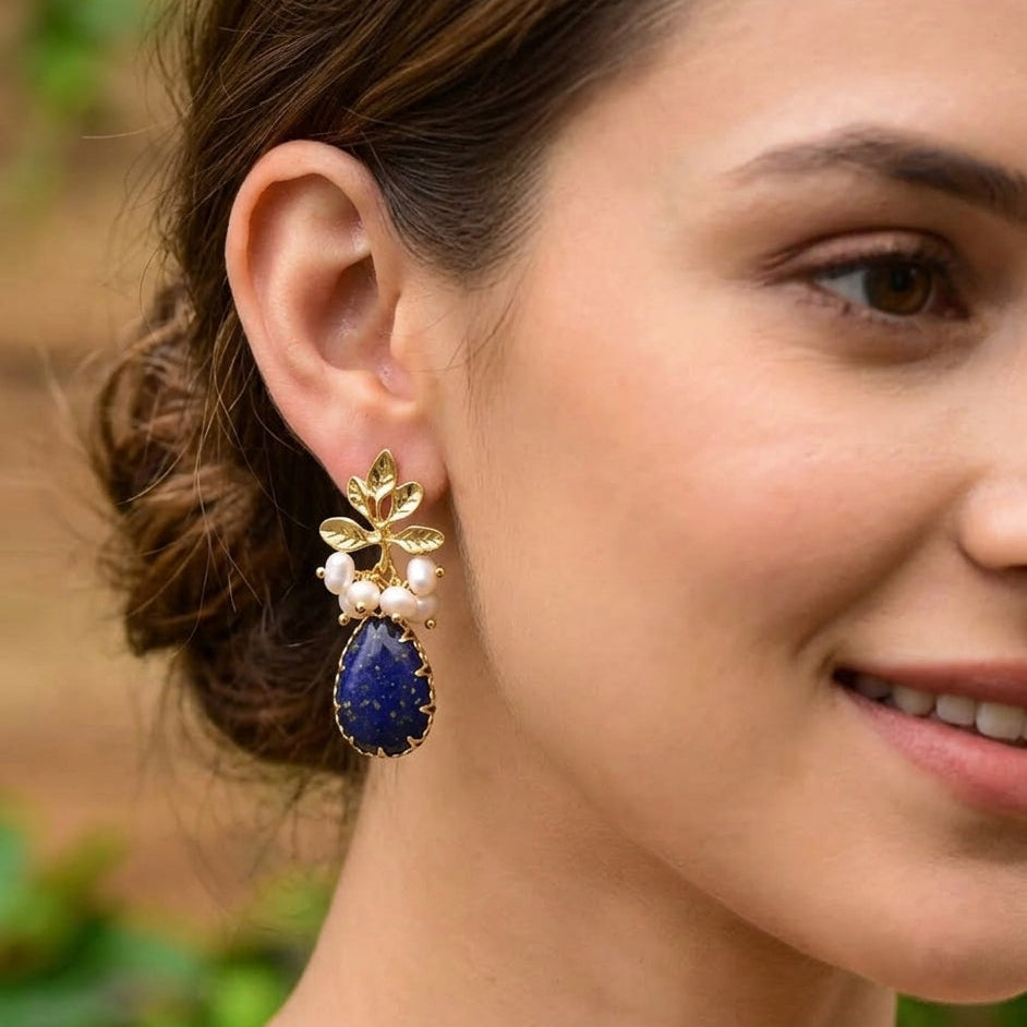 Baroque Pearl & Natural Stone Drop Earrings (925 sterling silver)