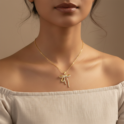 Golden Grace Bow Necklace — 18K Gold-Tone Crystal Ribbon Pendant