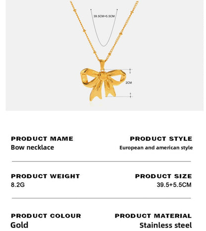 Gold bow necklace with product details on a white background