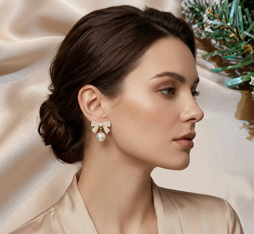 Pearl Bow Drop Earrings