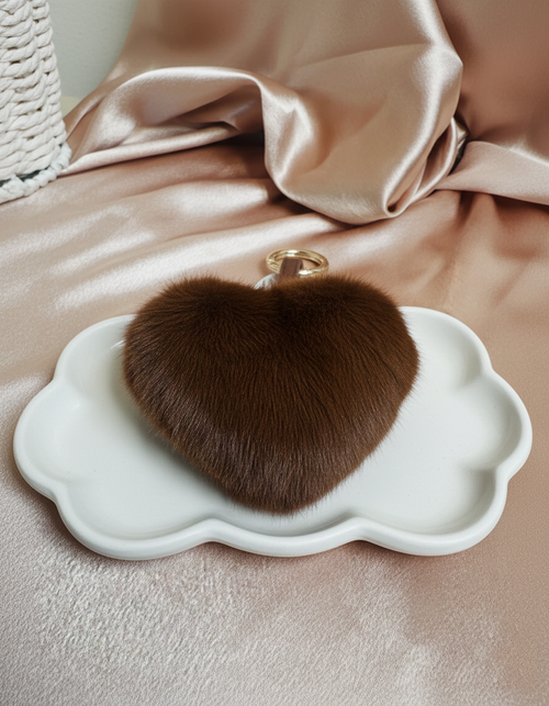 Brown Fluffy Heart Keychain | Soft Bag Charm Accessory