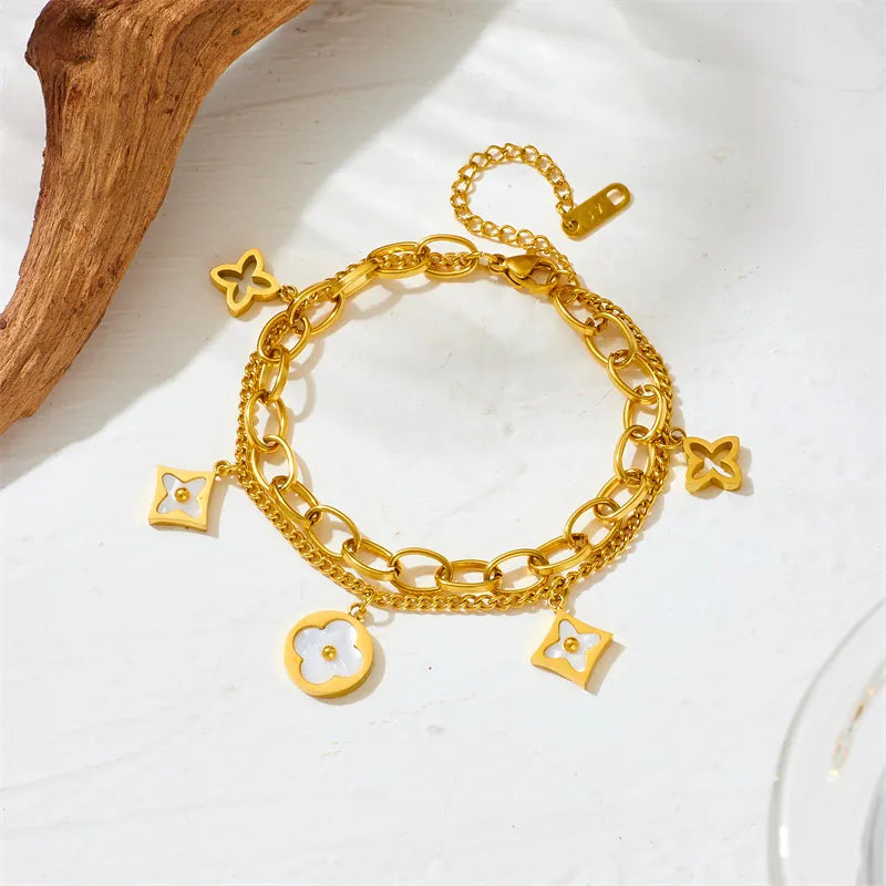Blossom Double Layer Bracelet – 18K Gold Plated Stainless Steel Flower Bracelet