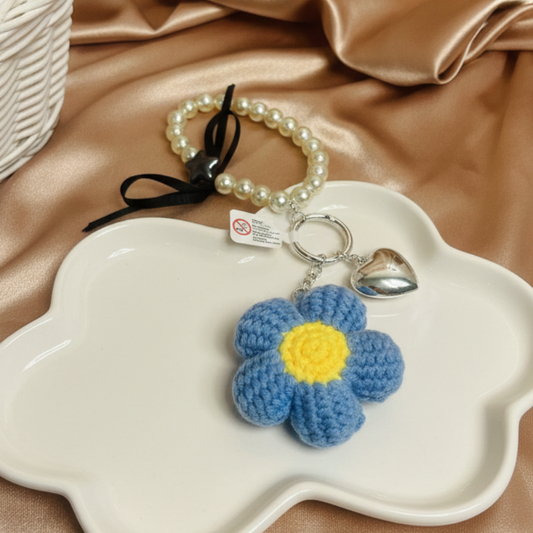 Pearl Bloom Charm — Beaded Wristlet with Crochet Flower