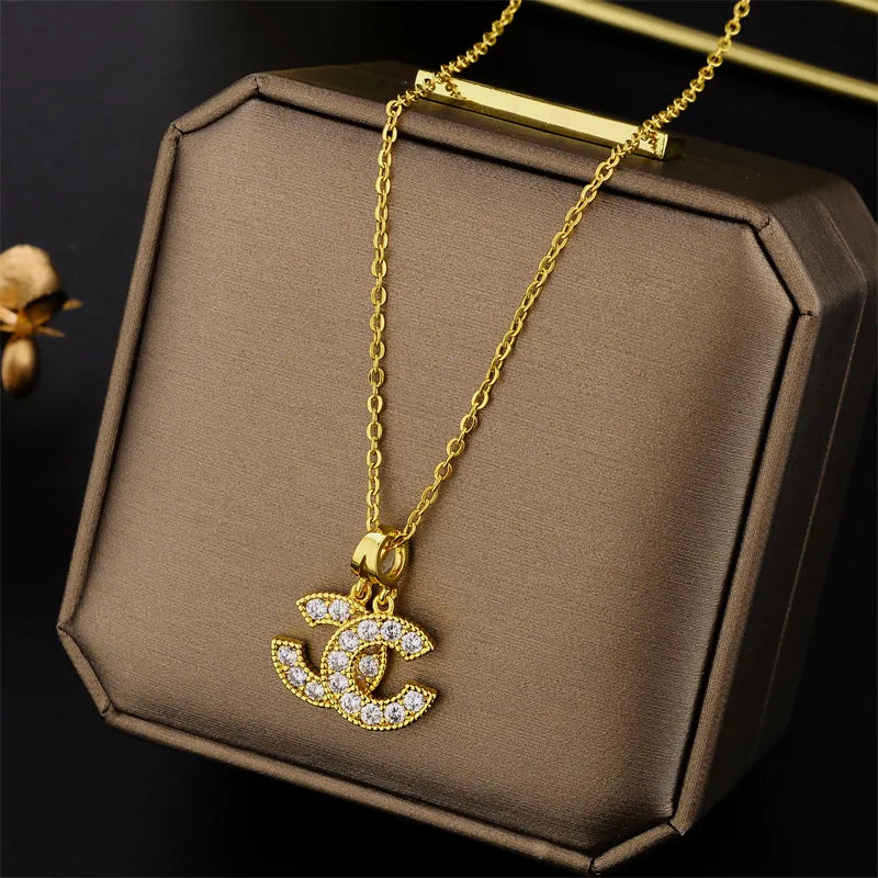 Double C Pendant Necklace – Rhinestone