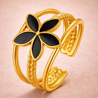 Midnight Bloom Adjustable Flower Ring — Black Enamel Floral in 18K Gold-Plated Finish