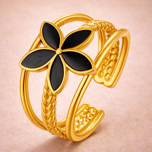 Midnight Bloom Adjustable Flower Ring — Black Enamel Floral in 18K Gold-Plated Finish