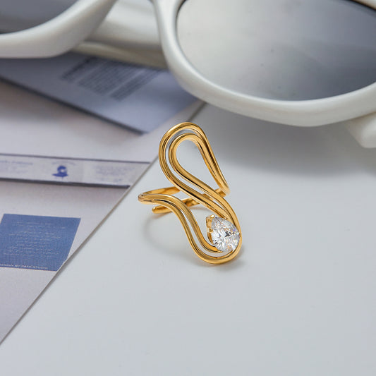 Sculpted Drop Diamond Ring – 18K Gold Plated Adjustable Statement Ring