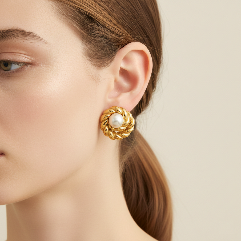 Golden Pearl Knot Stud Earrings — Stainless Steel Elegance
