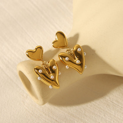 Pearl Heart Drop Earrings - 18K Gold Plated With Stainless Steel