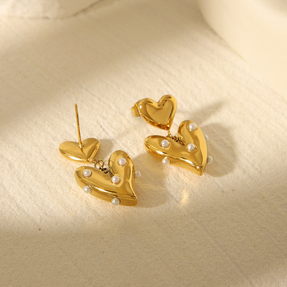 Pearl Heart Drop Earrings - 18K Gold Plated With Stainless Steel