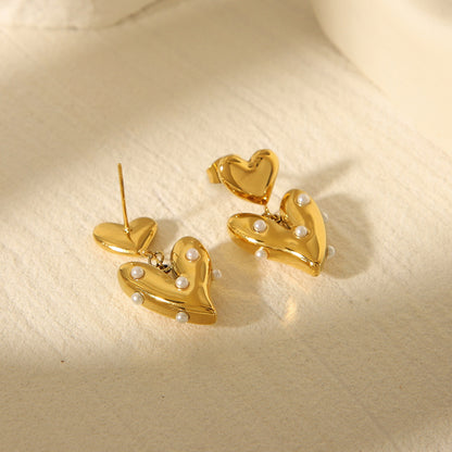 Pearl Heart Drop Earrings - 18K Gold Plated With Stainless Steel