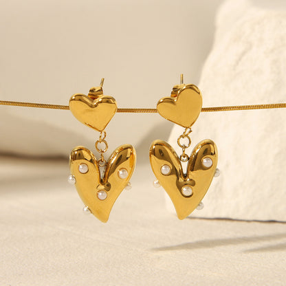 Pearl Heart Drop Earrings - 18K Gold Plated With Stainless Steel