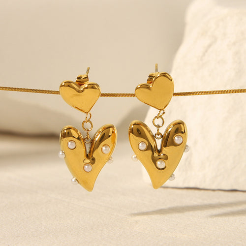 Pearl Heart Drop Earrings - 18K Gold Plated With Stainless Steel