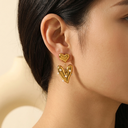 Pearl Heart Drop Earrings - 18K Gold Plated With Stainless Steel