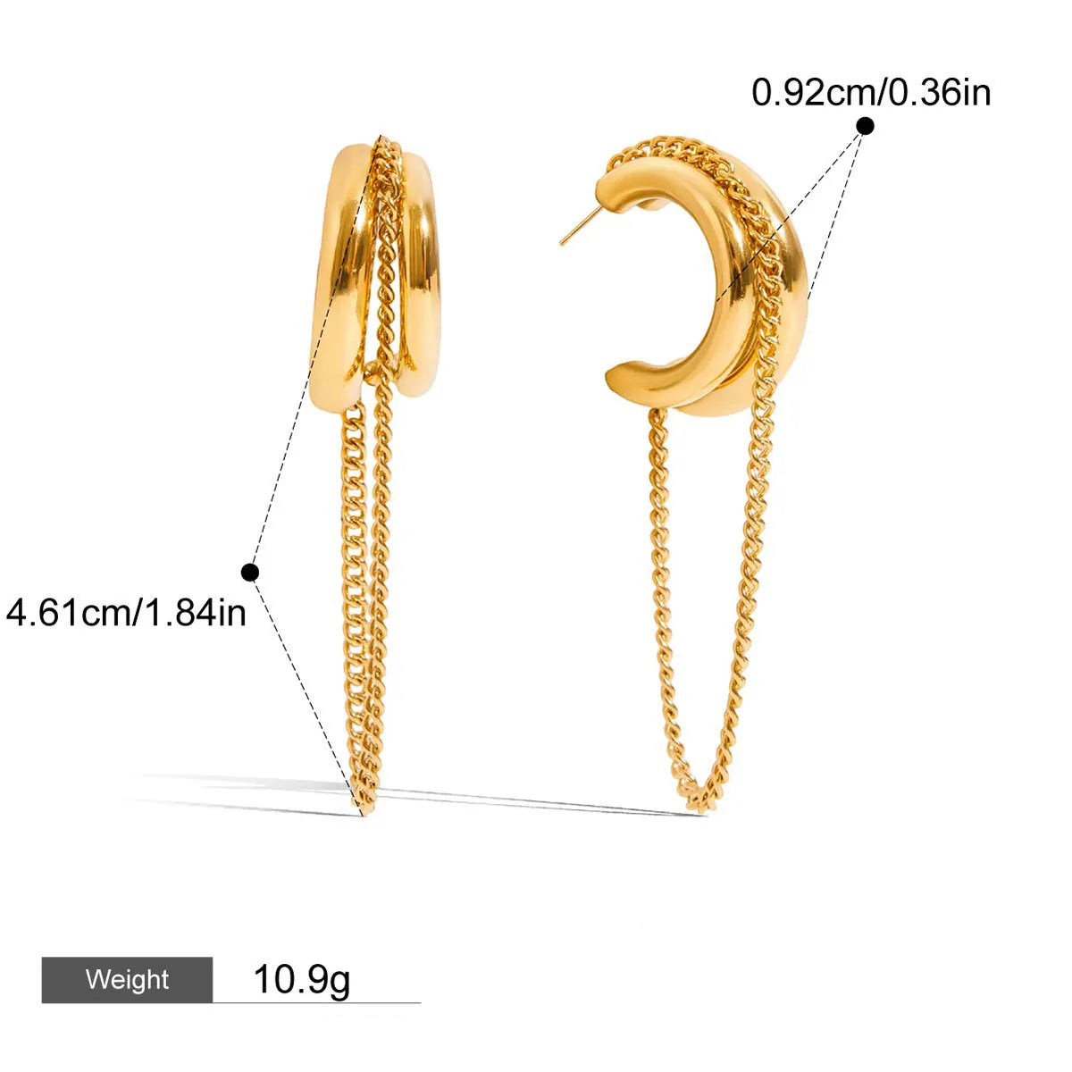 Gold hoop earrings with chain details and measurements on a white background