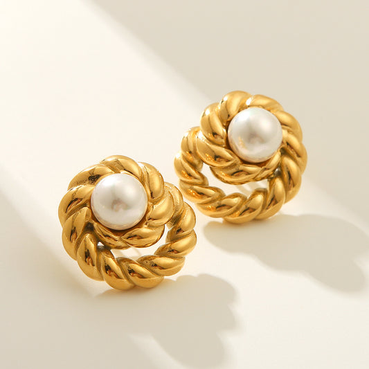 Golden Pearl Knot Stud Earrings — Stainless Steel Elegance
