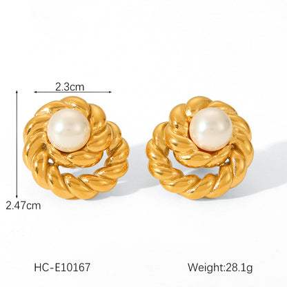 Golden Pearl Knot Stud Earrings — Stainless Steel Elegance