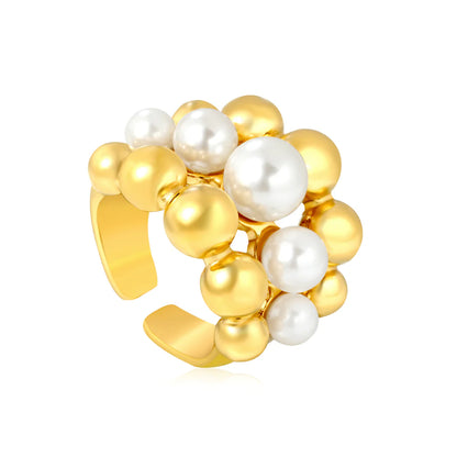 Bague ouverte grappe perles et billes or Luxe