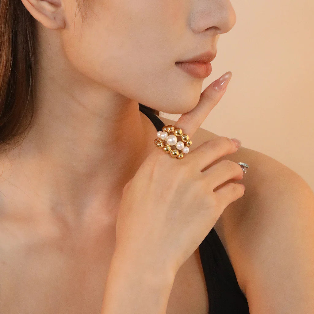 Bague ouverte grappe perles et billes or Luxe