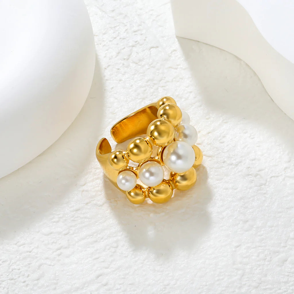 Bague ouverte grappe perles et billes or Luxe