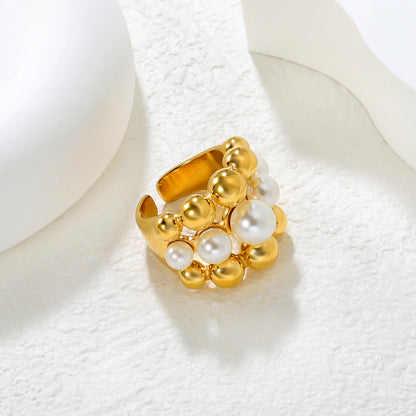 Bague ouverte grappe perles et billes or Luxe