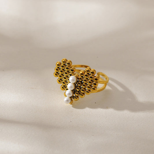 Golden Embrace Pearl Heart Ring — 18K Gold-Plated Open Statement Ring