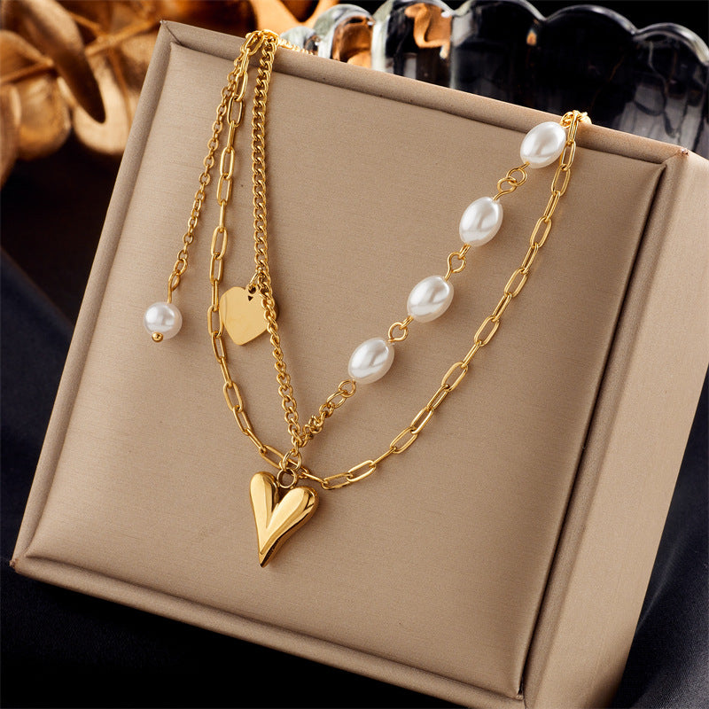 Golden Heart Pearl Layered Necklace – 18K Gold Plated Stainless Steel Necklace