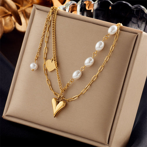 Golden Heart Pearl Layered Necklace – 18K Gold Plated Stainless Steel Necklace
