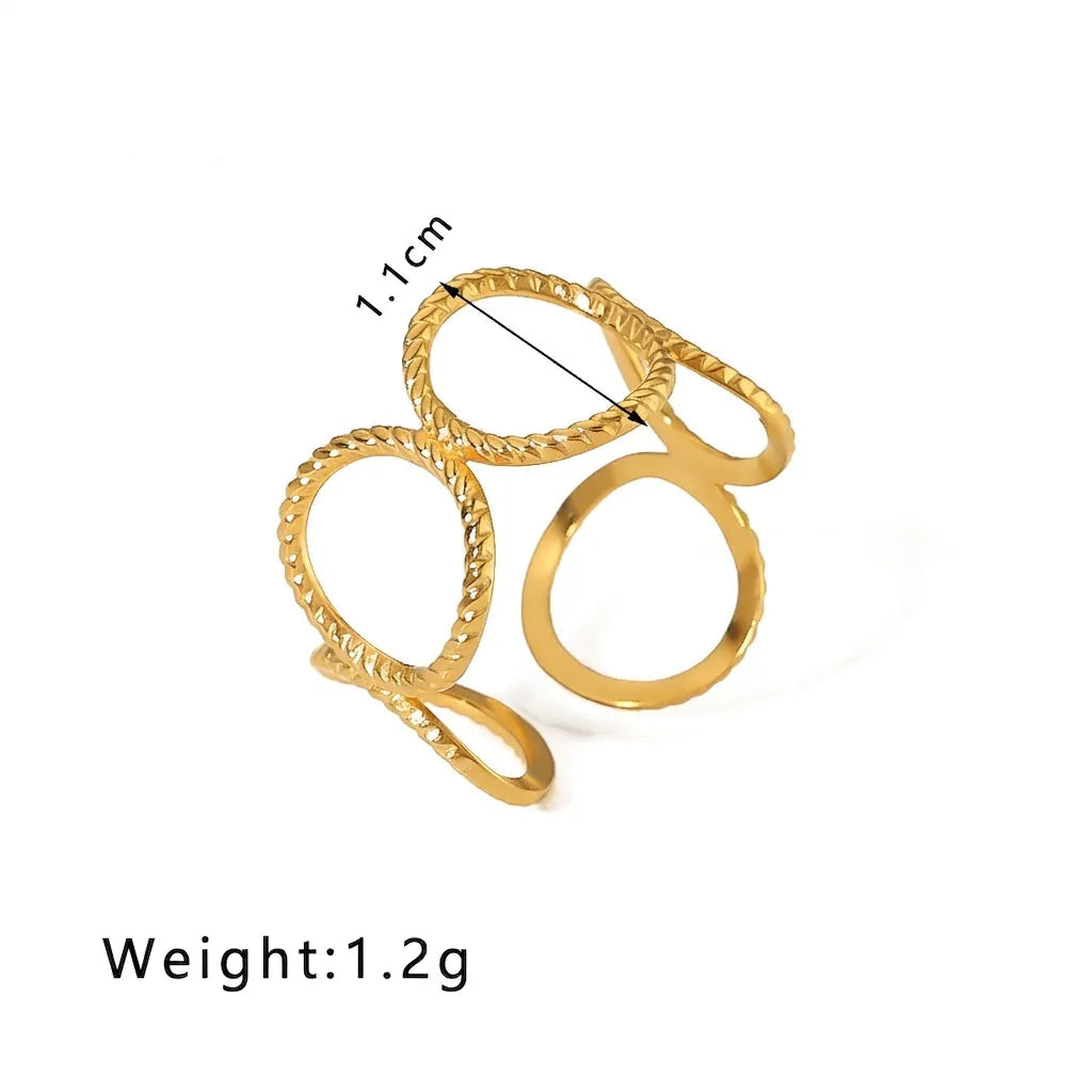 Gold multi-ring stack with textured rope-like edges and smooth circular loops, shown on a white background with text indicating model HF-J1409, 1.1cm width, and 1.