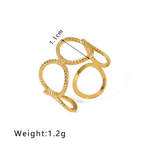 Gold multi-ring stack with textured rope-like edges and smooth circular loops, shown on a white background with text indicating model HF-J1409, 1.1cm width, and 1.