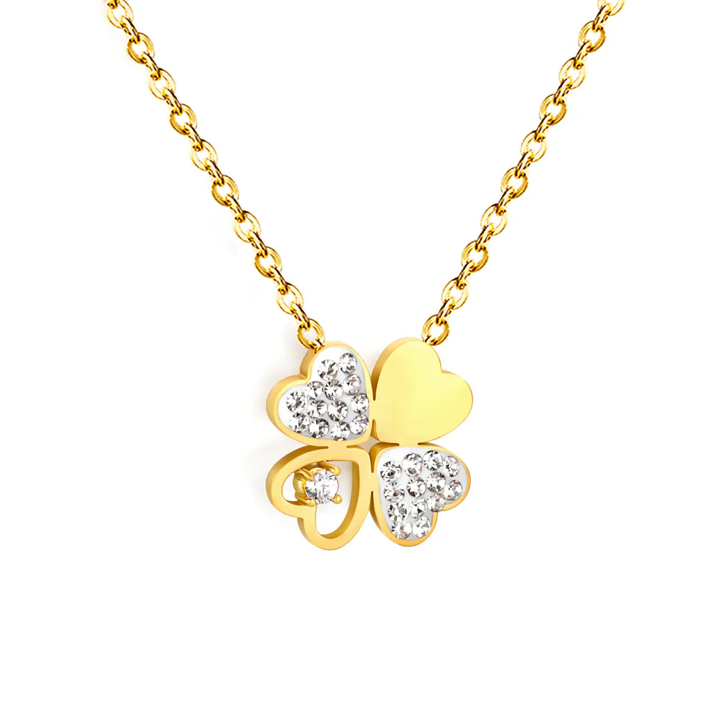 Luxe Four-Leaf Clover Oil Drop Pendant Necklace — White Diamond Accent