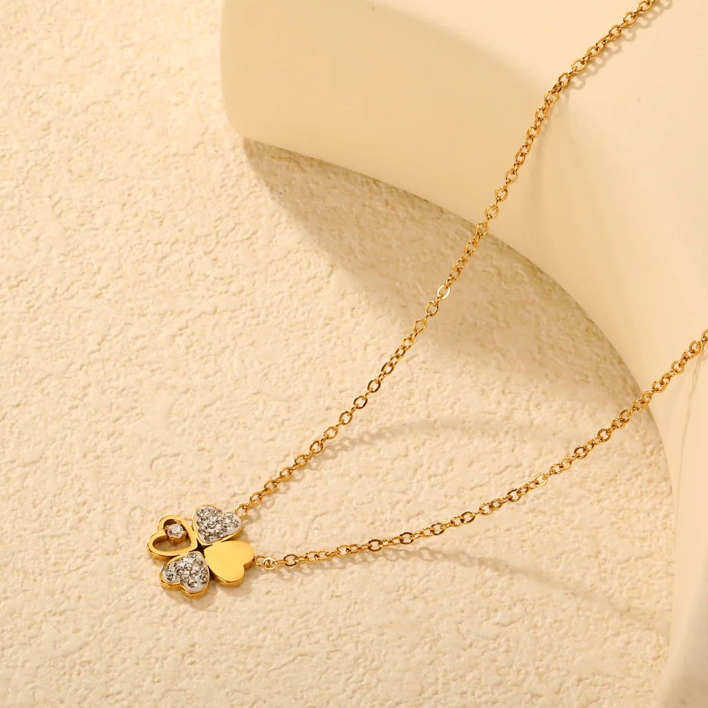 Luxe Four-Leaf Clover Oil Drop Pendant Necklace — White Diamond Accent